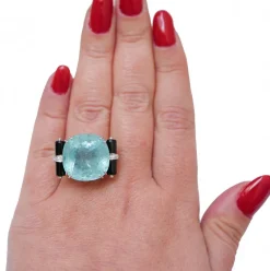 Sale Pamono Platinum Ring with Aquamarine and Diamonds and Onyx
