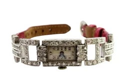 Hot Pamono Platinum Watch with Articulated Bracelet and Brilliant-Cut Diamonds with Pink Leather Strap