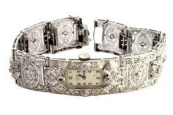 Pamono Platinum Watch with Articulated Bracelet, Brilliant-Cut Diamonds and Chips, with Safety Chain> Watches