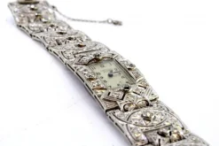 Pamono Platinum Watch with Articulated Bracelet, Brilliant-Cut Diamonds and Chips, with Safety Chain><noscript><img width=
