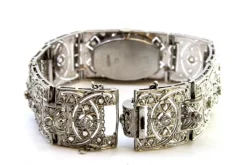 Pamono Platinum Watch with Articulated Bracelet, Brilliant-Cut Diamonds and Chips, with Safety Chain><noscript><img width=