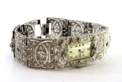 Pamono Platinum Watch with Articulated Bracelet, Brilliant-Cut Diamonds and Chips, with Safety Chain><noscript><img width=