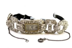 Pamono Platinum Watch with Articulated Bracelet, Brilliant-Cut Diamonds and Safety Chain><noscript><img width=
