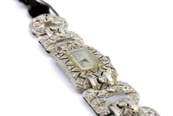 Pamono Platinum Watch with Articulated Bracelet, Brilliant-Cut Diamonds and Safety Chain><noscript><img width=