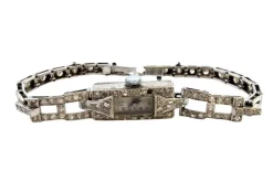 Pamono Platinum Watch with Brilliant-Cut Diamonds, Hinged Bracelet and Safety Chain> Watches