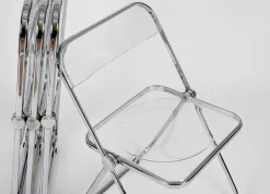 Pamono Plia Folding Chairs in Chrome and Clear Acrylic Glass attributed to Anonima Castelli, Italy, 1970s, Set of 4> Side Chairs & Dining Chairs