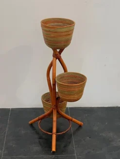 Discount Pamono Polychrome Wicker and Bamboo Vase Holder Tripods, 1970s