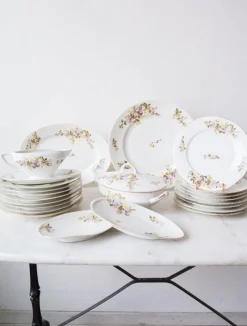 Pamono Porcelain Dishes with Flowers from Limoges, 1940s, Set of 36> Dinner Plates & Bowls