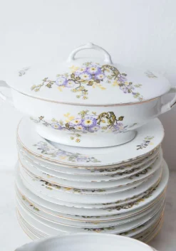 Pamono Porcelain Dishes with Flowers from Limoges, 1940s, Set of 36> Dinner Plates & Bowls