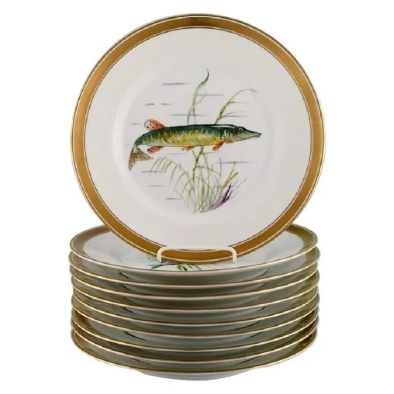 Pamono Porcelain Fish Plates with Hand-Painted Fish Motifs from Royal Copenhagen, Set of 10> Dinner Plates & Bowls