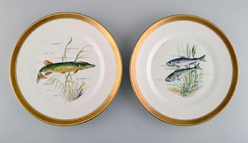 Pamono Porcelain Fish Plates with Hand-Painted Fish Motifs from Royal Copenhagen, Set of 10> Dinner Plates & Bowls