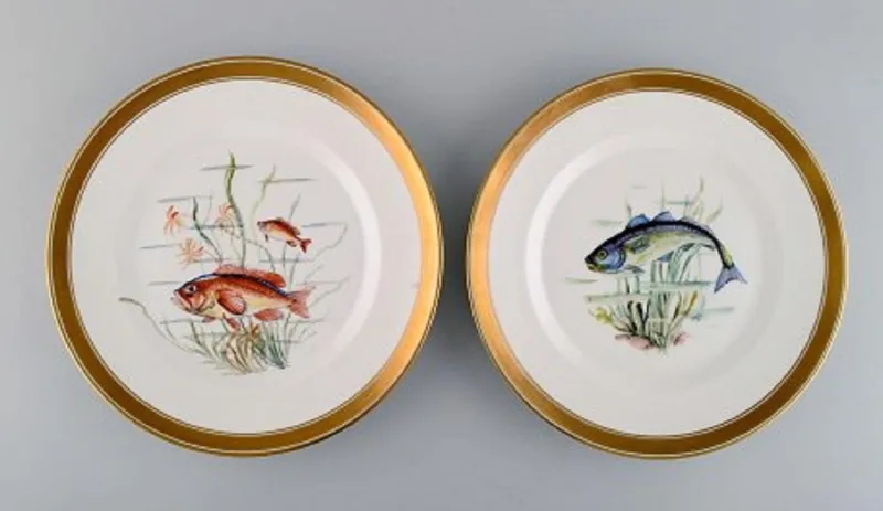 Pamono Porcelain Fish Plates with Hand-Painted Fish Motifs from Royal Copenhagen, Set of 10> Dinner Plates & Bowls