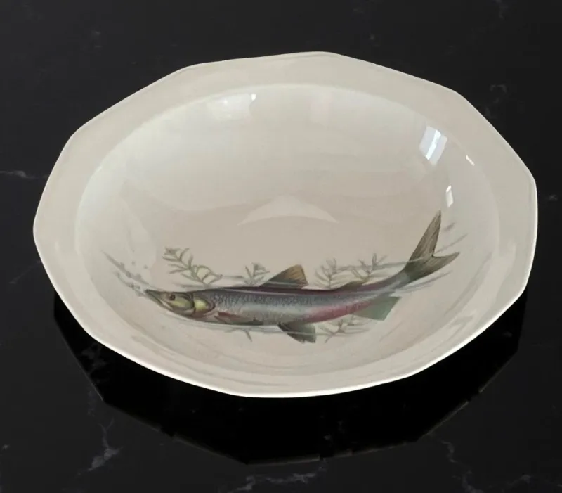 Pamono Porcelain Fish Service with Soup Tureen and Bowl by Winterling Marktleuthen, Bavaria, Germany, 1970s, Set of 15> Dinner Plates & Bowls