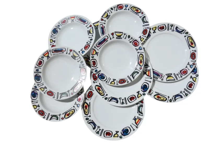 Hot Pamono Porcelain Plates by Emanuele Luzzati for Arteprima, 2010s, Set of 10