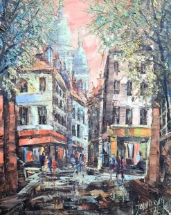 Sale Pamono Post Impressionist Sunset in Paris, Basilica of the Sacred Heart of Montmartre, 1960s, Oil on Canvas