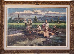 Discount Pamono Post-Impressionist Artist, Harvesting the Crop, Large Oil Painting, Framed