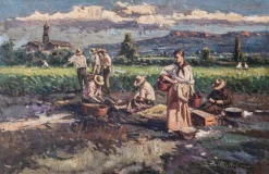 Discount Pamono Post-Impressionist Artist, Harvesting the Crop, Large Oil Painting, Framed