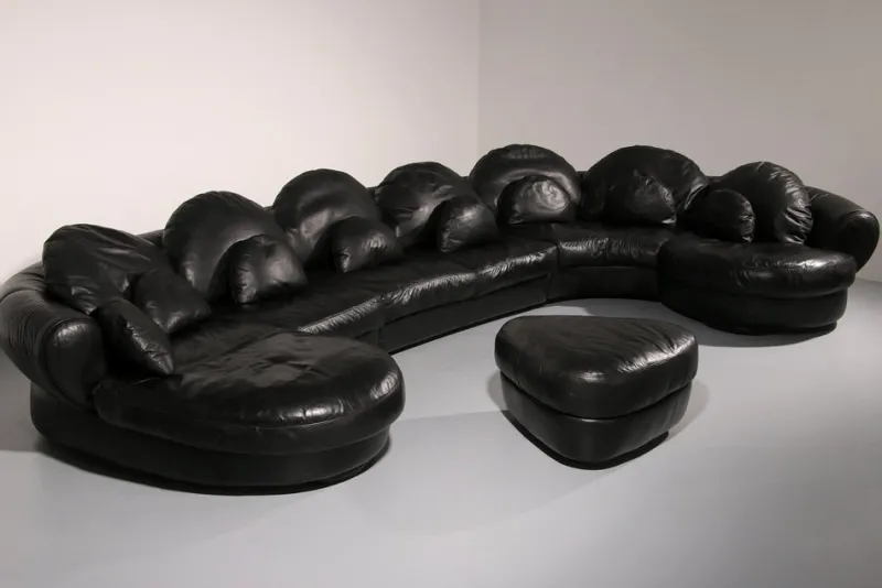 Hot Pamono Post-Modern Black Leather Sectional Sofa, 1980s