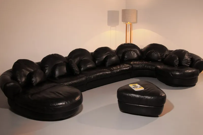 Hot Pamono Post-Modern Black Leather Sectional Sofa, 1980s