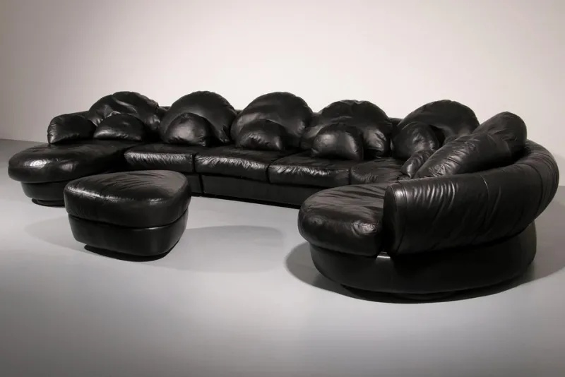 Hot Pamono Post-Modern Black Leather Sectional Sofa, 1980s