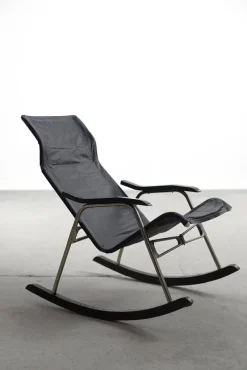 Pamono Postmodern Black Leather Rocking Chair by Takeshi Nii, 1950s