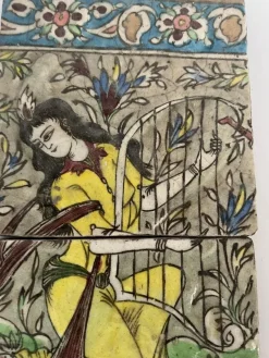 Hot Pamono Qajar-Era Hand-Painted Double-Tile Panel with Female Musician, 19th Century
