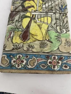 Hot Pamono Qajar-Era Hand-Painted Double-Tile Panel with Female Musician, 19th Century