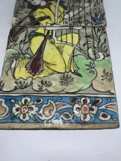 Hot Pamono Qajar-Era Hand-Painted Double-Tile Panel with Female Musician, 19th Century