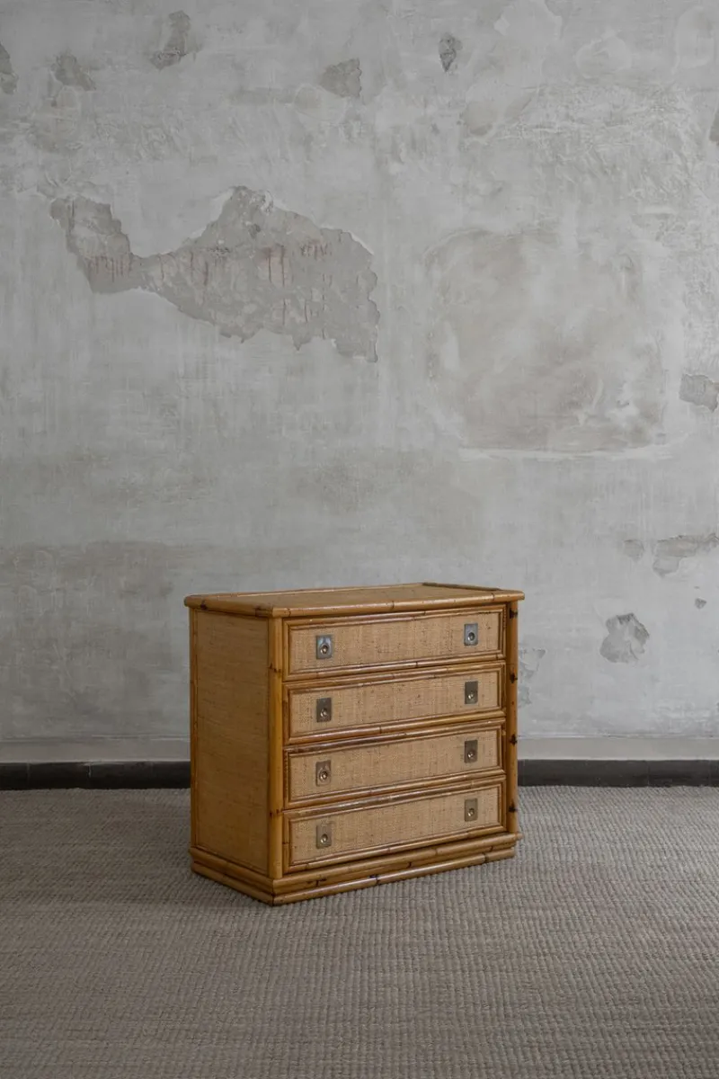 Hot Pamono Rattan and Brass Chest of Drawers by Dal Vera, 1970s