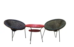 Pamono Rattan Armchairs and Coffee Table by Roberto Mango, Italy 1960s, Set of 3> Garden Seating