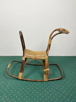 Pamono Rattan Bamboo & Wicker Rocking Horse Toy, Italy, 1960><noscript><img width=