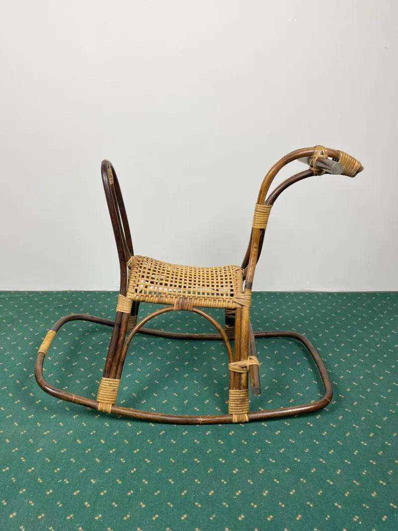 Pamono Rattan Bamboo & Wicker Rocking Horse Toy, Italy, 1960> Rocking Chairs