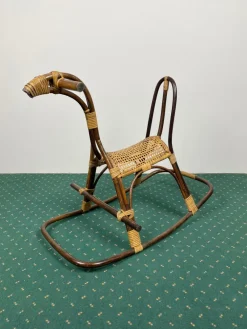 Pamono Rattan Bamboo & Wicker Rocking Horse Toy, Italy, 1960><noscript><img width=