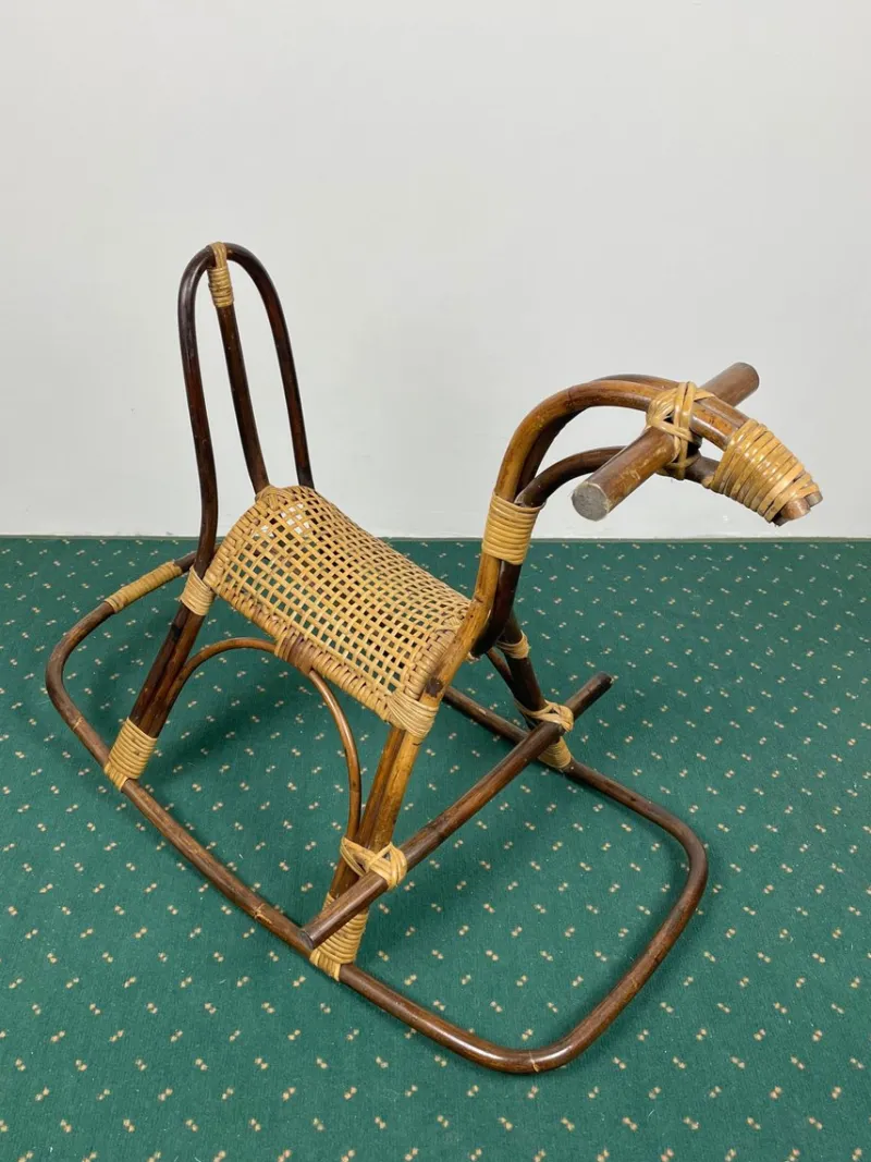 Pamono Rattan Bamboo & Wicker Rocking Horse Toy, Italy, 1960> Rocking Chairs