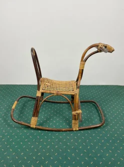 Pamono Rattan Bamboo & Wicker Rocking Horse Toy, Italy, 1960><noscript><img width=