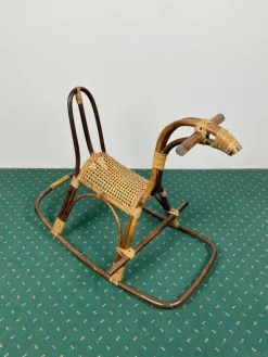 Pamono Rattan Bamboo & Wicker Rocking Horse Toy, Italy, 1960><noscript><img width=