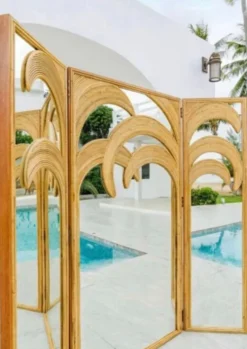 Pamono Rattan 3-Panel Folding Screen with Mirrors><noscript><img width=