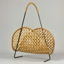 Pamono Rattan Wicker Magazine Rack, Austria 1950s><noscript><img width=