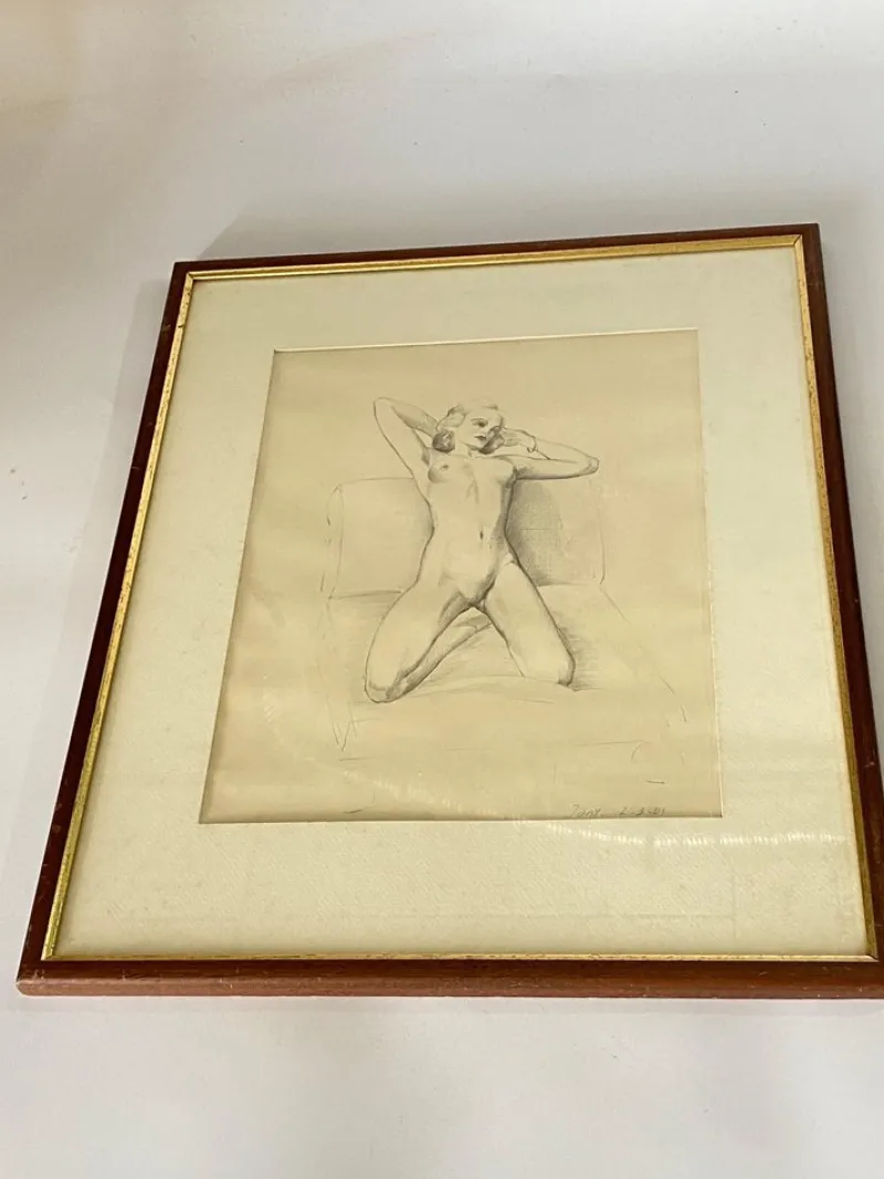 Sale Pamono Raymond van Doren, Art Deco Nude, 1941, Drawing on Paper, Framed