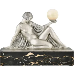Pamono Raymonde Guerbe, Art Deco Seated Lady Holding a Ball, 1930s, Metal with Onyx Base> Art Deco