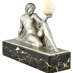 Pamono Raymonde Guerbe, Art Deco Seated Lady Holding a Ball, 1930s, Metal with Onyx Base><noscript><img width=