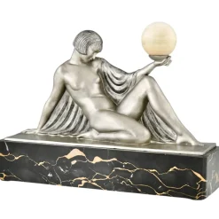 Pamono Raymonde Guerbe, Art Deco Seated Lady Holding a Ball, 1930s, Metal with Onyx Base><noscript><img width=