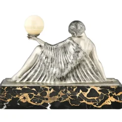 Pamono Raymonde Guerbe, Art Deco Seated Lady Holding a Ball, 1930s, Metal with Onyx Base><noscript><img width=