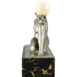 Pamono Raymonde Guerbe, Art Deco Seated Lady Holding a Ball, 1930s, Metal with Onyx Base><noscript><img width=