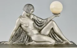 Pamono Raymonde Guerbe, Art Deco Seated Lady Holding a Ball, 1930s, Metal with Onyx Base><noscript><img width=