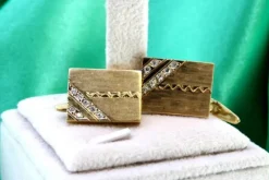 Pamono Rectangular Cufflinks in Yellow Gold with Brilliant-Cut Diamonds, Set of 2> Cufflinks