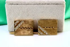 Pamono Rectangular Cufflinks in Yellow Gold with Brilliant-Cut Diamonds, Set of 2><noscript><img width=