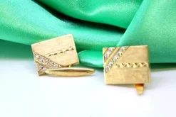 Pamono Rectangular Cufflinks in Yellow Gold with Brilliant-Cut Diamonds, Set of 2><noscript><img width=