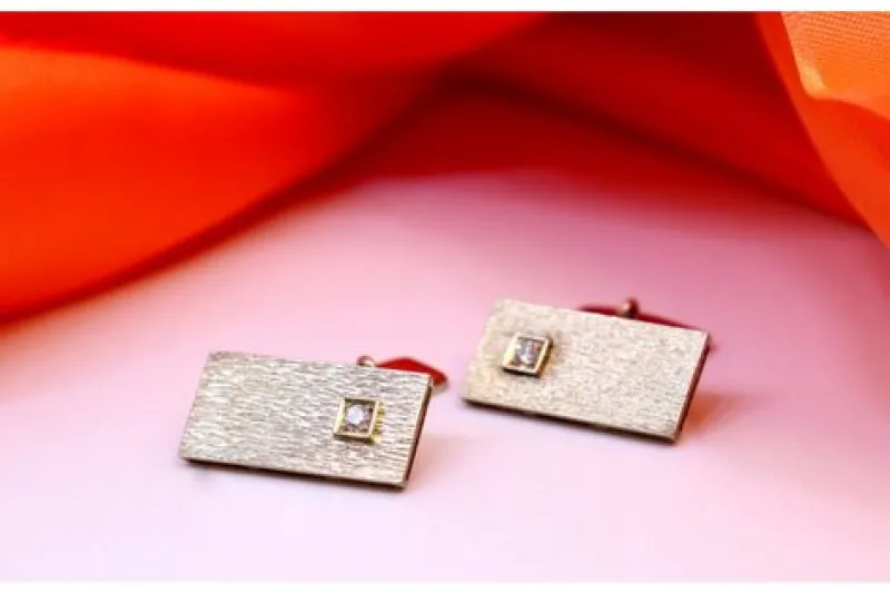Clearance Pamono Rectangular Gold Cufflinks with Brilliant-Cut Diamonds, Set of 2