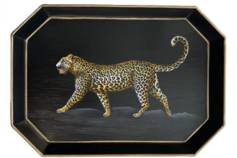 Pamono Rectangular Tray in Enameled Metal Hand-Decorated with Leopard by Les Ottomans> Tabletop|Trays